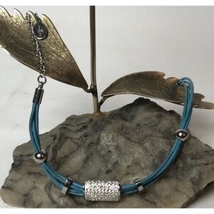 Pave' Rhinestones Charm Bracelet 7" Blue 4 Strand Leather Cords Silver Spacers